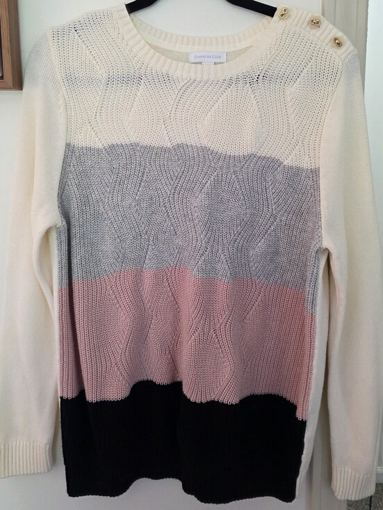 Charter Club Sweaters - Charter Club Cream, Gray, Pink & Black Cable Knit Colorblock Sweater